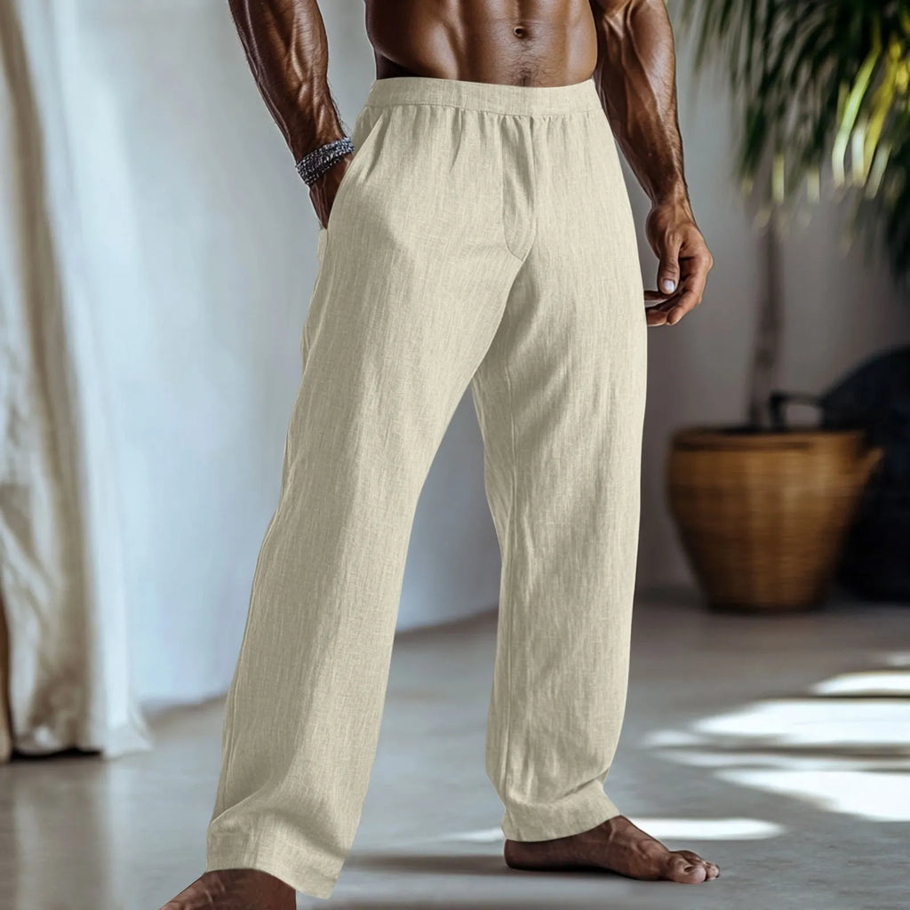 Men's straight leg casual trousers in light green cotton and linen fabric with visible pockets