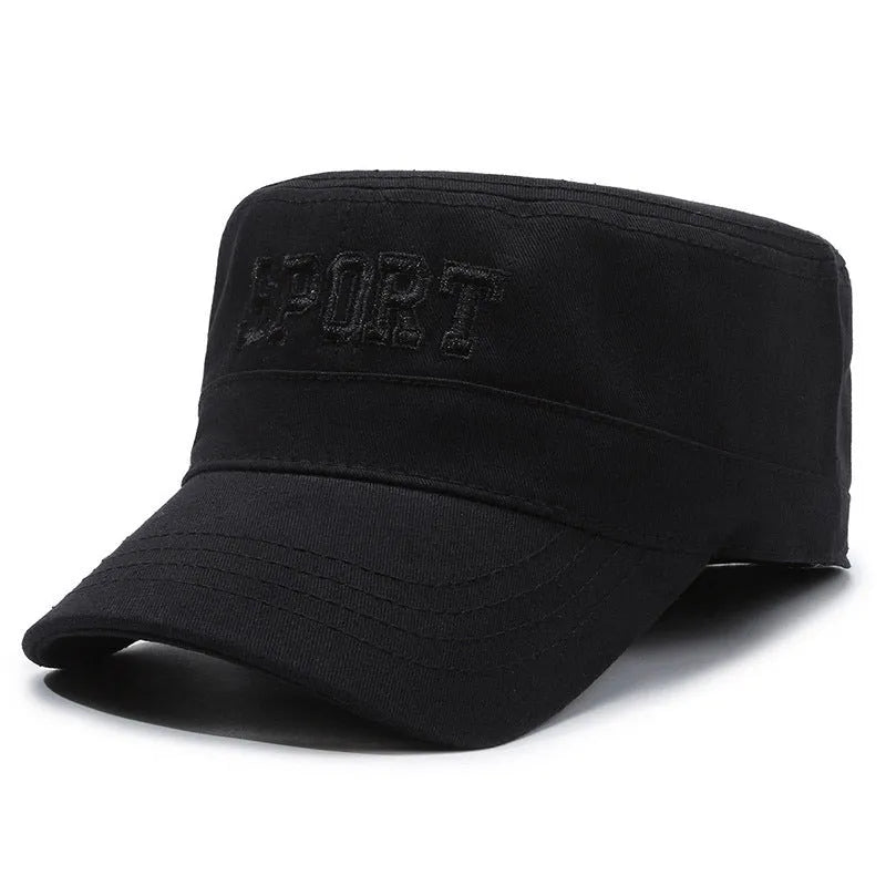Men's flat-top cotton peaked cap in army green with adjustable strap and English letter detail.