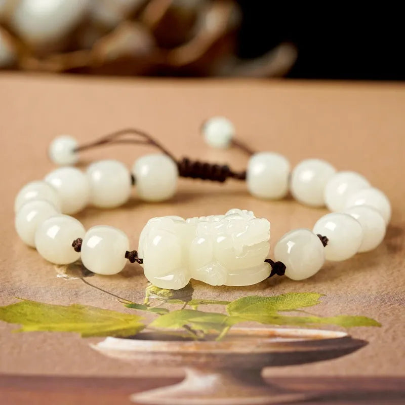 Women's Hetian jade bracelet with black and red braided ropes in Chinese style