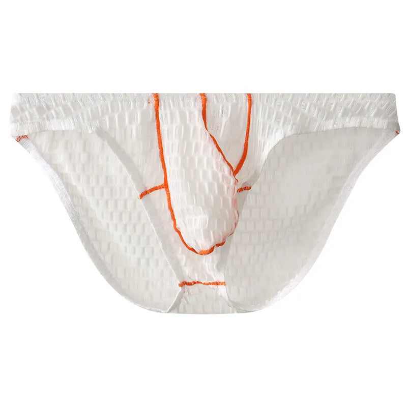 Men's low-waist ice silk lace briefs in white, black, green, red, and purple colours.
