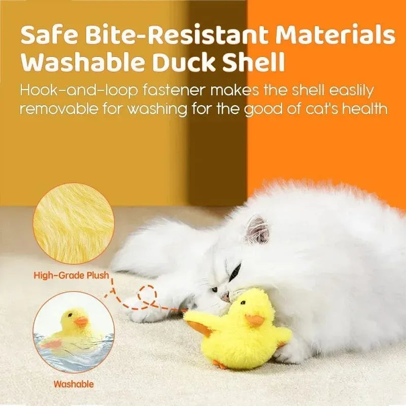 Yellow flapping duck cat toy with removable plush cover and USB charging cable