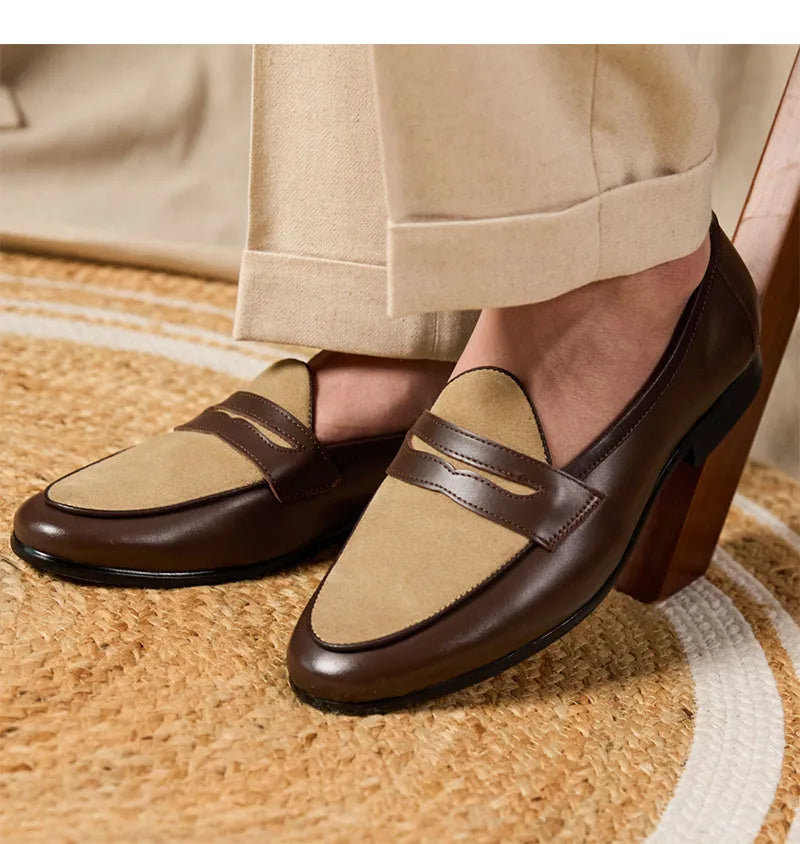 Men's coffee grey suede leather Belgium loafers with a slip-on design and rubber sole.