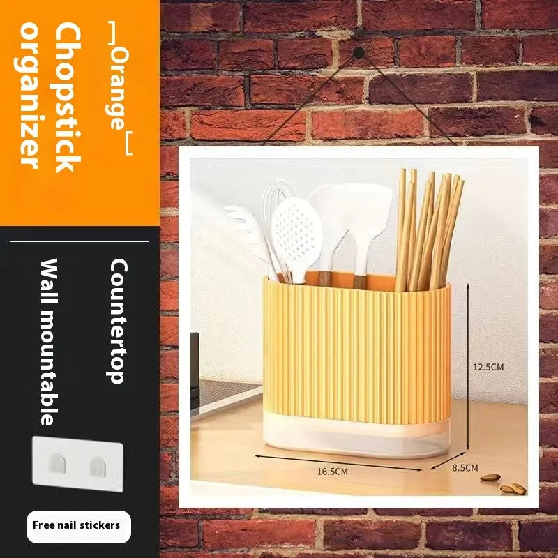 Plastic wall-mounted kitchen chopsticks basket with spoon holder and drain holes in beige colour