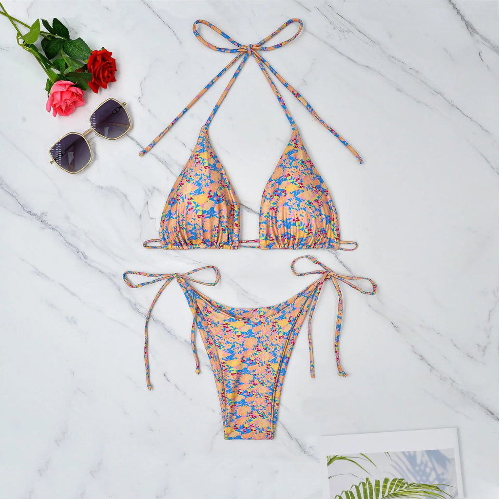 Lace-up bikini swimsuit with European American split style and backless design