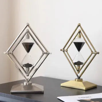 Zinc alloy metal and glass sand timer ornament with modern minimalist design in bronze or silver colour