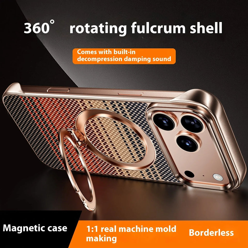 Aramid fibre frameless phone case with bracket and magnetic suction for iPhone 14 15 16 17 series in black