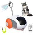 Blue remote control toy car for cats with feather teaser attachment on USB charging cable
