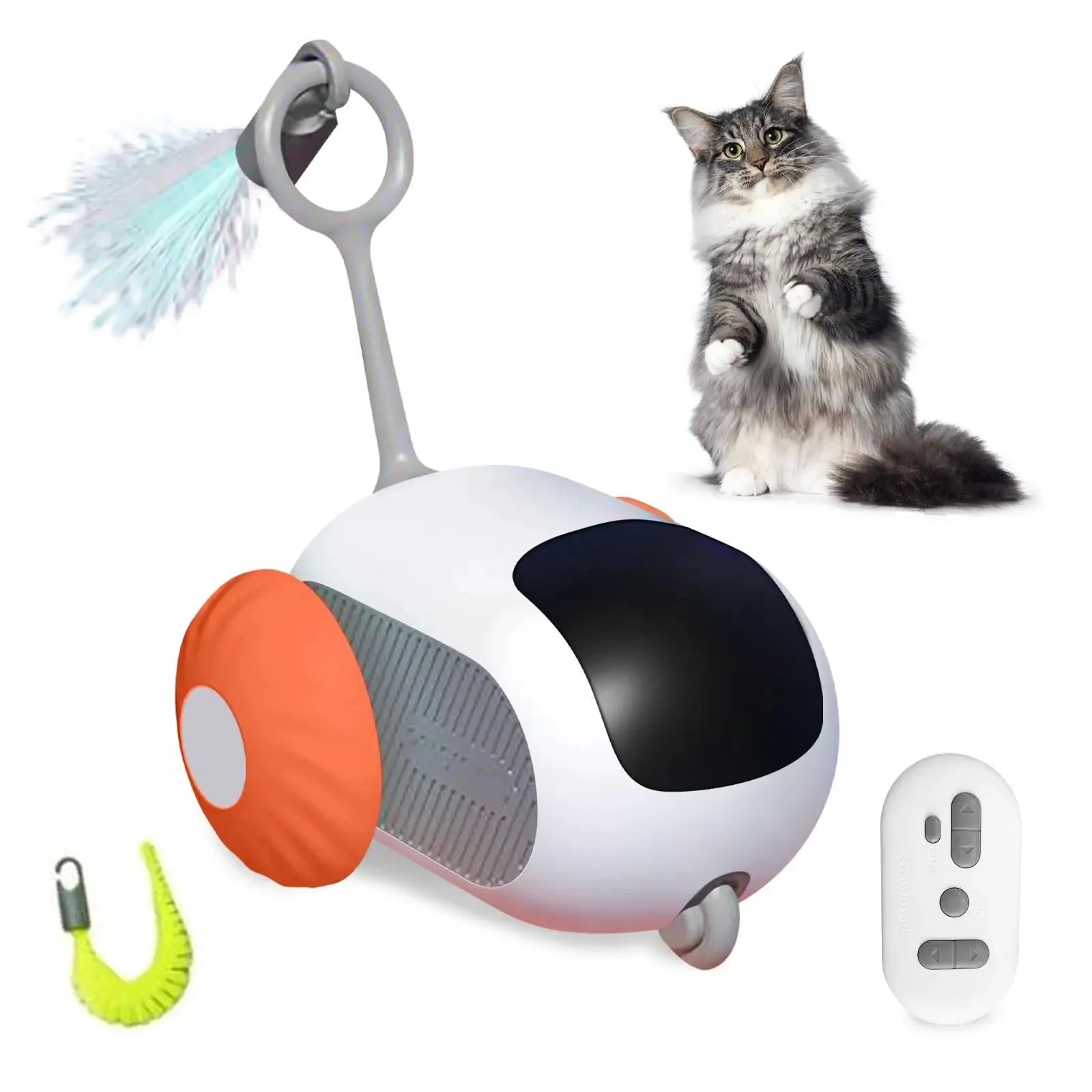 Blue remote control toy car for cats with feather teaser attachment on USB charging cable