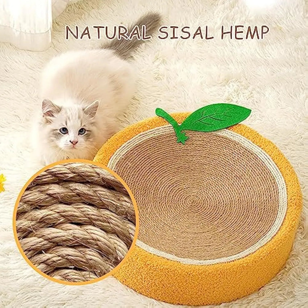 Yellow round sisal cat scratching board with slightly concave centre serving as cat bed