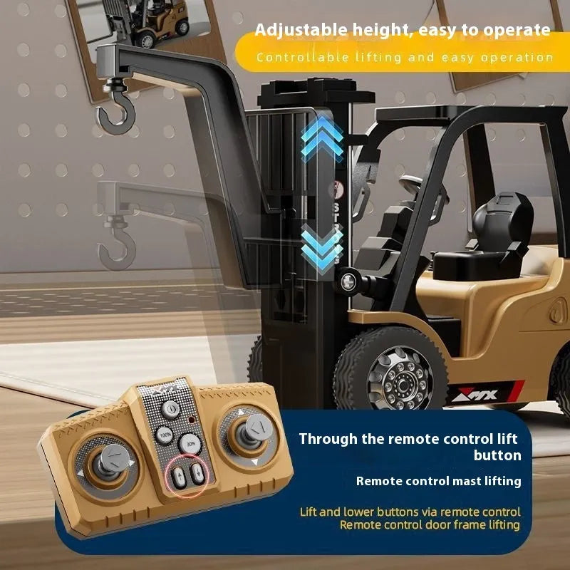 1:64 scale alloy remote control forklift toy with cargo hook and fork accessories on pallet