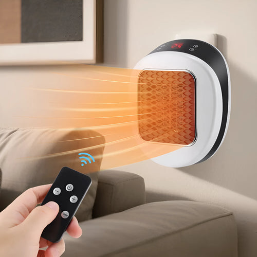 White ceramic heating electric hot air blower heater with remote control on table