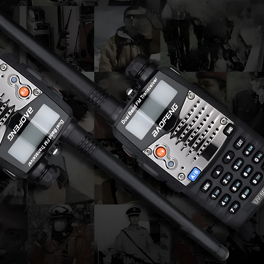 Baofeng UV-5RA dual-band walkie-talkie with dual display showing channel information