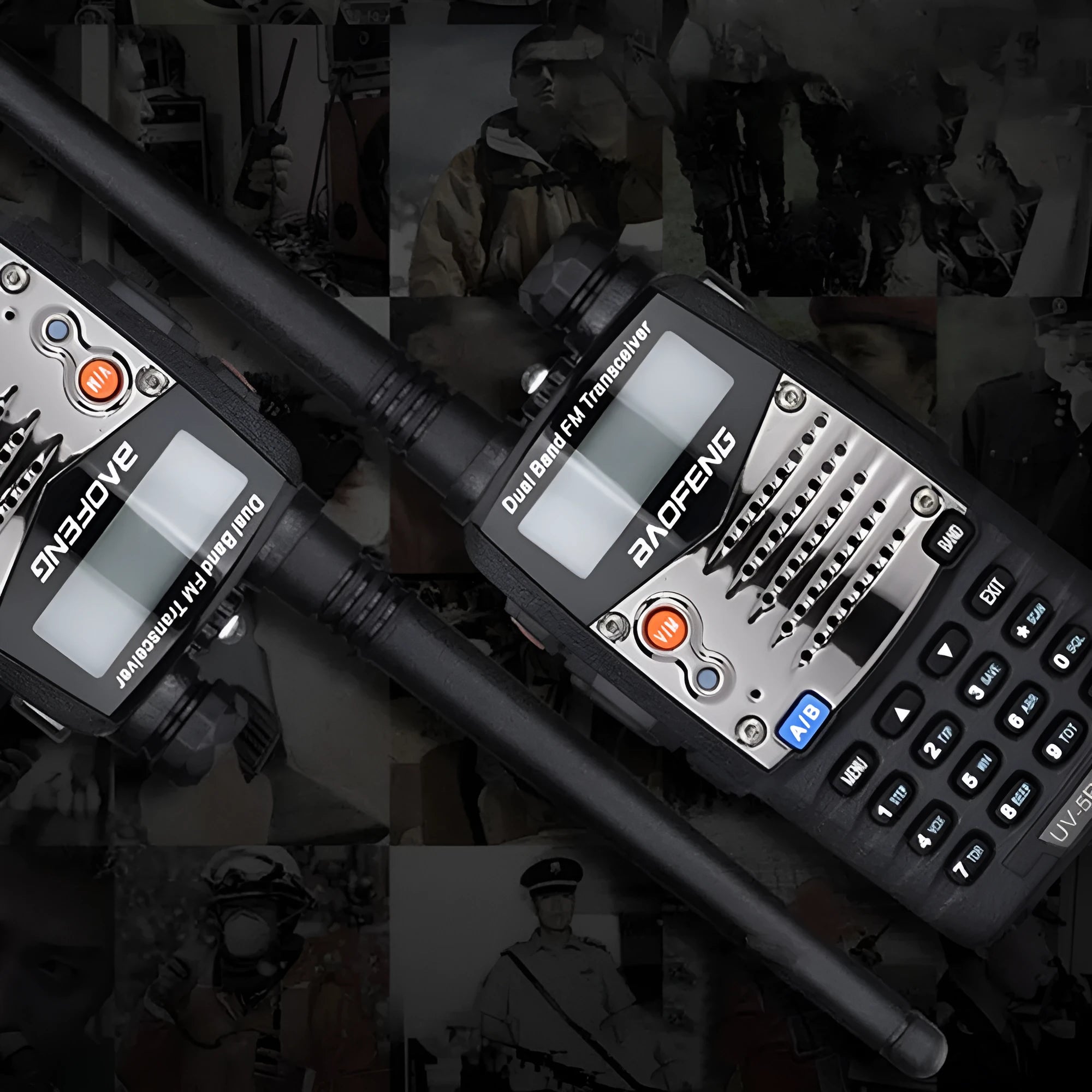 Baofeng UV-5RA dual-band walkie-talkie with dual display showing channel information