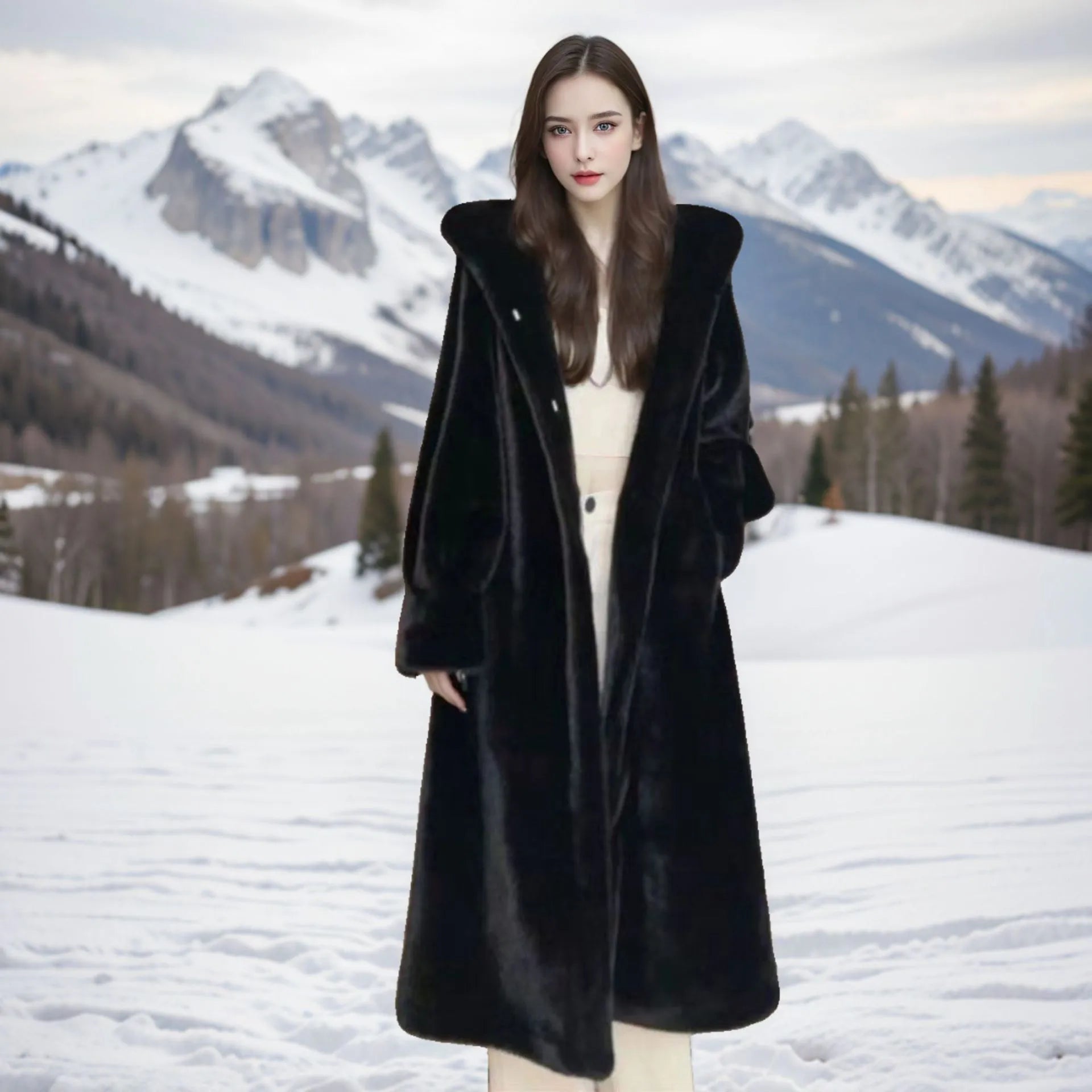 Women's plus size long faux fur coat in brown leopard print with 100cm extended length