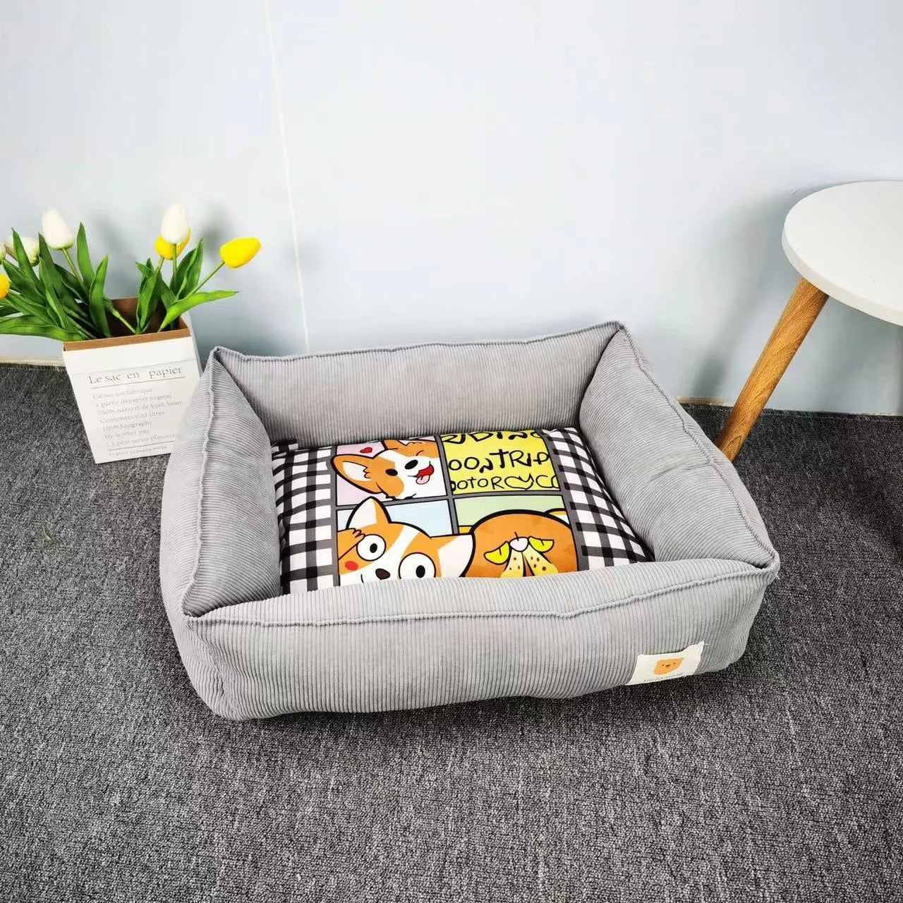 Light blue fine velvet pet nest for dogs and cats with PP cotton filling, shown in 50x40cm size.