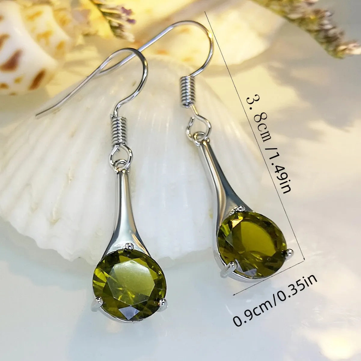 Olive green topaz earrings with water drop shape and electroplated alloy construction