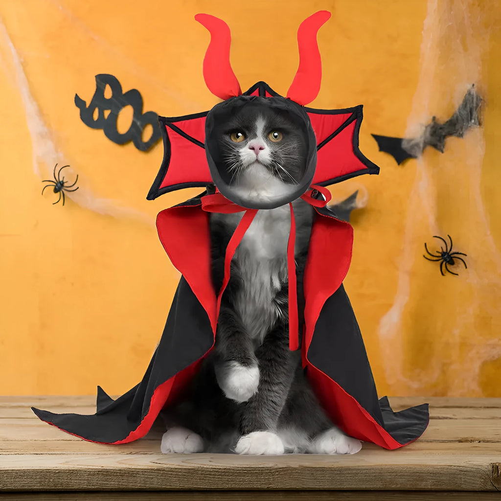 Black polyester vampire cloak and hat costume for a small dog or cat on Halloween.