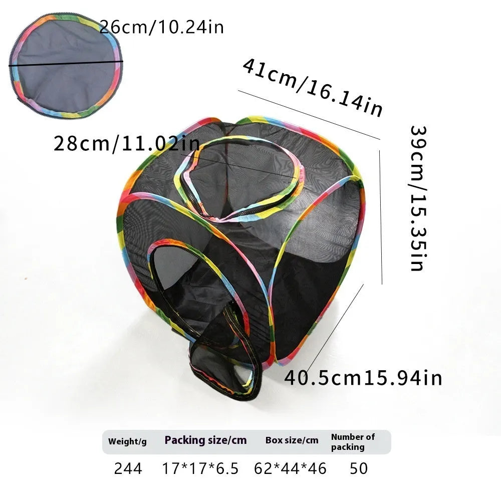 Foldable mesh cat tunnel toy shown in a square shape configuration