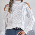 Women's twisted knit sweater with strapless half-high collar and long lantern sleeves in acrylic
