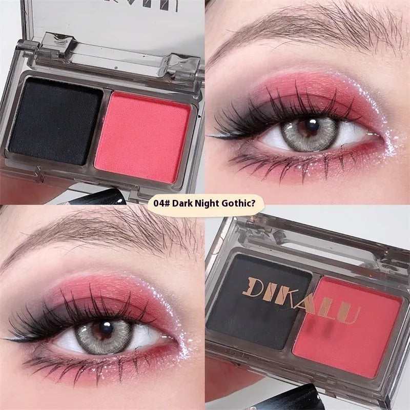 Cool two-tone eyeshadow palette showing pink and black matte and shimmer pressed powder in a single compact.