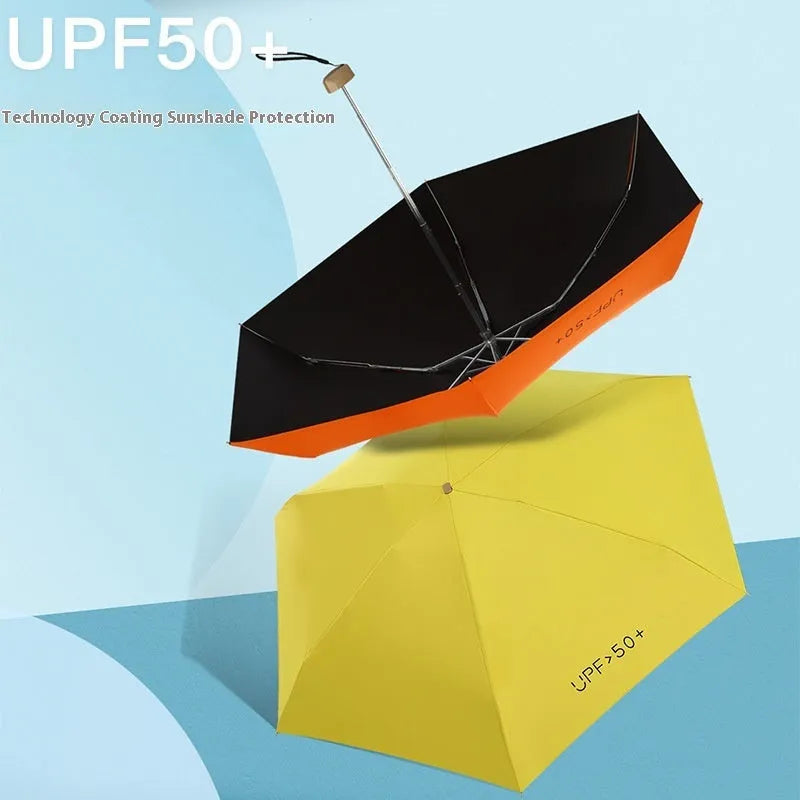 Closed five-fold mini pocket sun umbrella with alloy frame and rubber handle, shown in a selection of available colours.