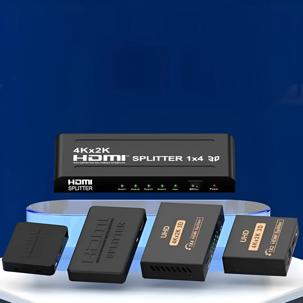 4K HDMI splitter device with one input and two output ports for dual display setup