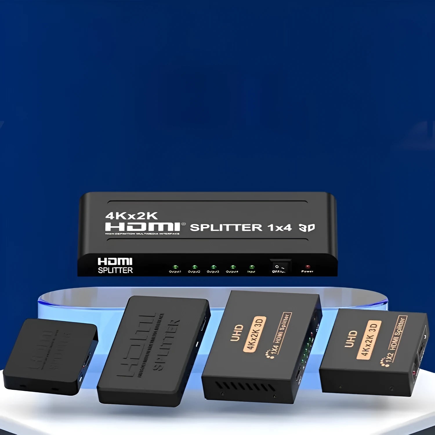 4K HDMI splitter device with one input and two output ports for dual display setup