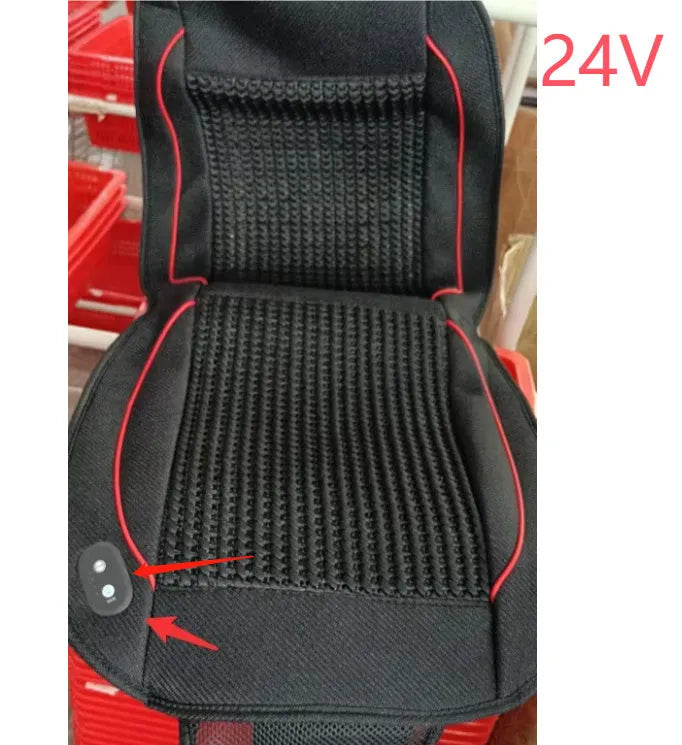 Black square car ventilation seat cushion with massage, showing power cord for 12V or 24V connection.