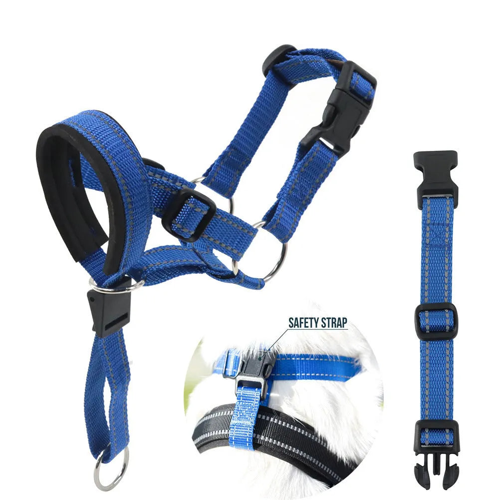Nylon dog muzzle in blue, one of three available colours, for controlling biting and barking