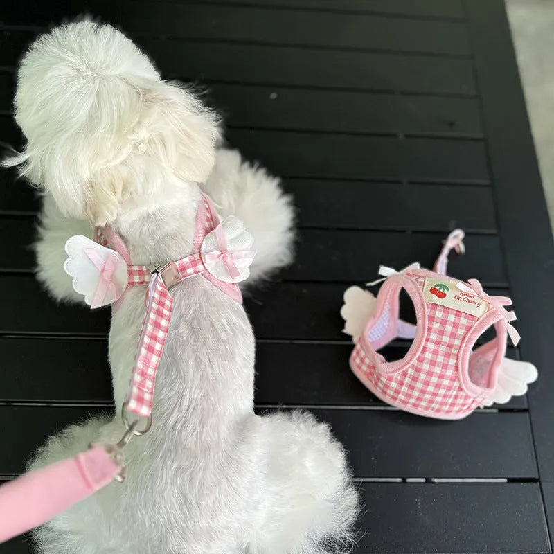 Pink and black cotton chest and back harness for small dogs with hand-holding rope in six sizes