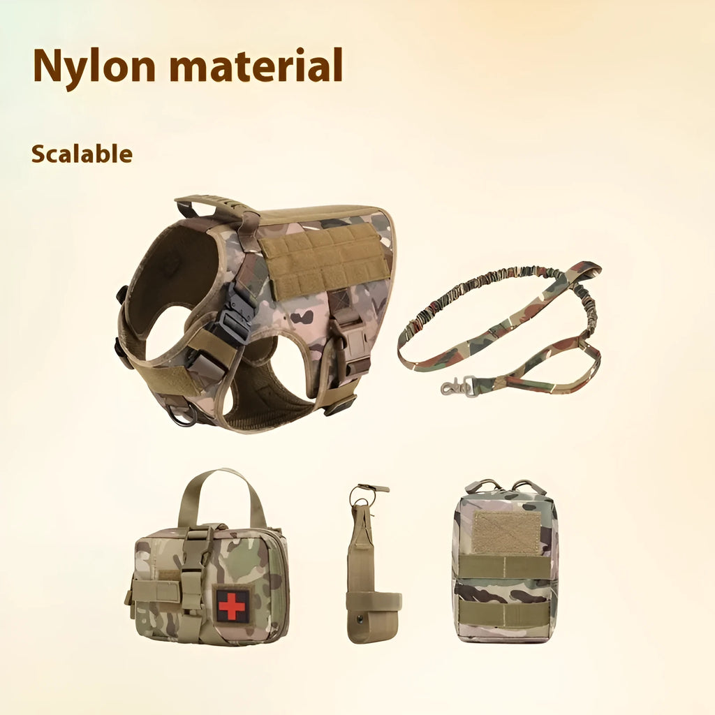 Outdoor Tactics five-piece training dog harness set in camouflage polyester material