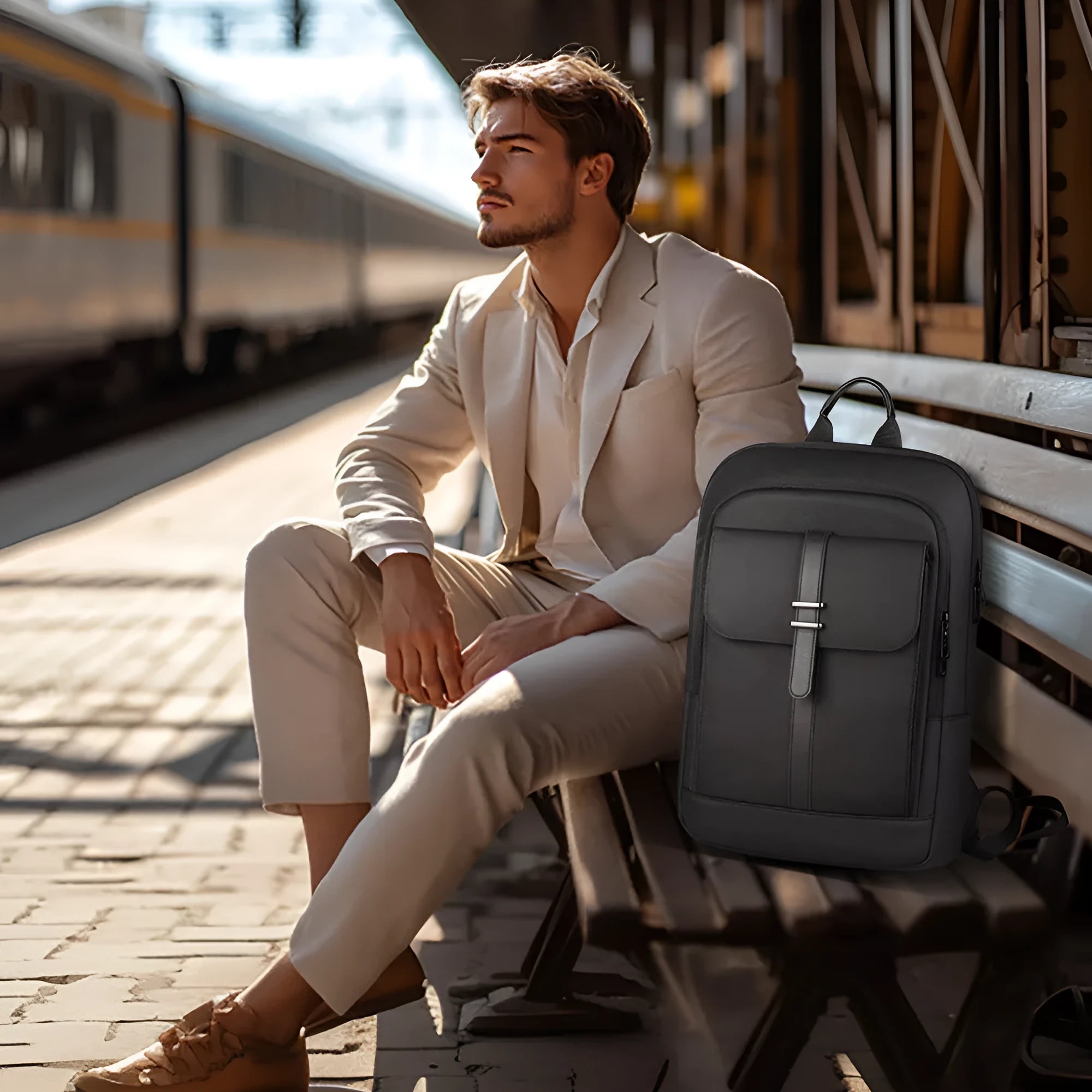 Black Oxford cloth backpack with visible sewing lines for business commuting