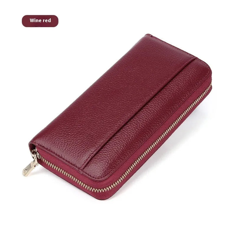 Genuine leather women's wallet showing interior organisation and anti-theft card protection features