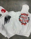 Black loose hooded sweatshirt with printed skull pattern and hot rhinestone detailing, cardigan style