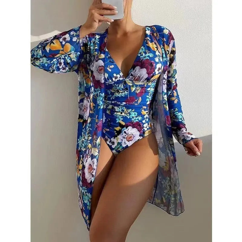Women's floral tight bikini three-piece swimsuit set with matching cover-up in various colours