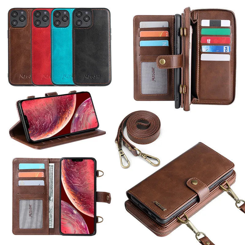 Black detachable magnetic wallet phone case shown open, compatible with Samsung and Apple phones.
