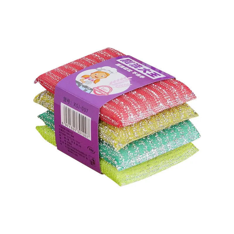 Pinstripe fabric dishwashing spong mop in macaron colours showing sponge, plastic, and silk thread construction.