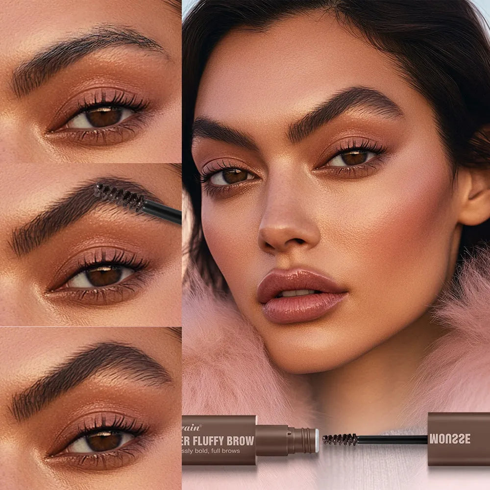 Eyebrow cream and powder in tube for creating three-dimensional, long-lasting brow shape in brown and black shades.