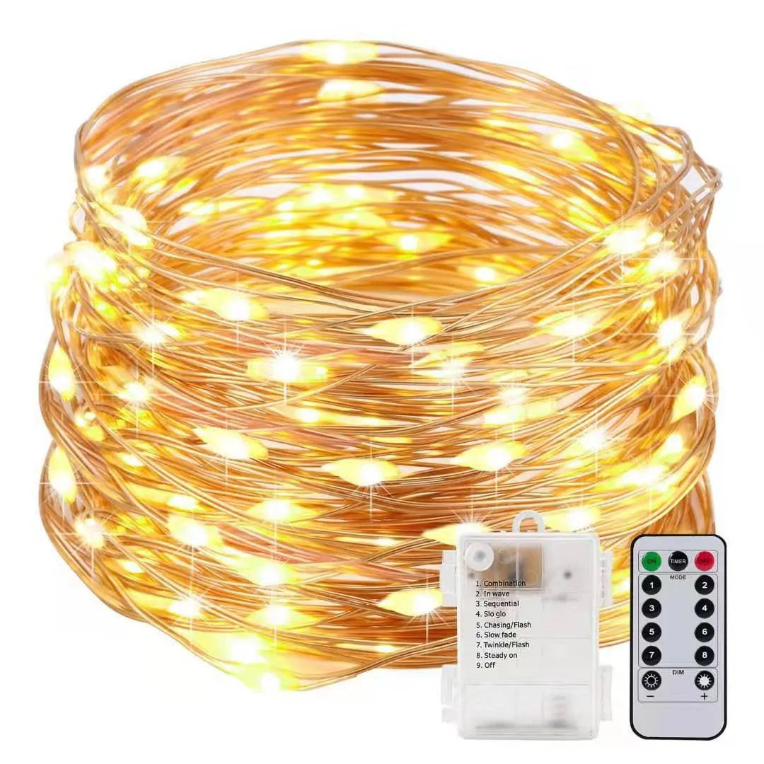 Copper wire LED string lights shaped around a bottle, showing multiple small coloured bulbs.