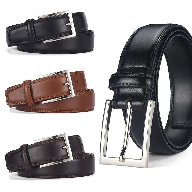 Men's genuine leather belt with alloy pin buckle in black or brown available in multiple lengths