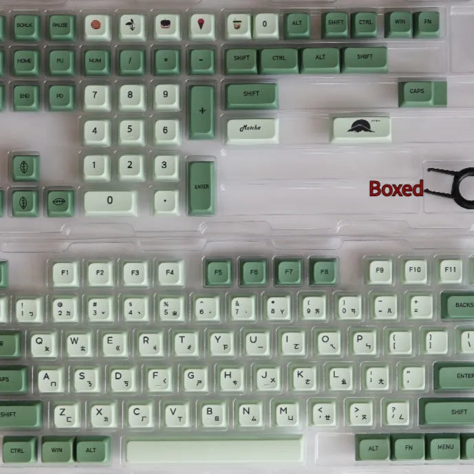 Matcha green PBT keycap set with 124 keys for mechanical keyboards, showing sublimation dye legends.