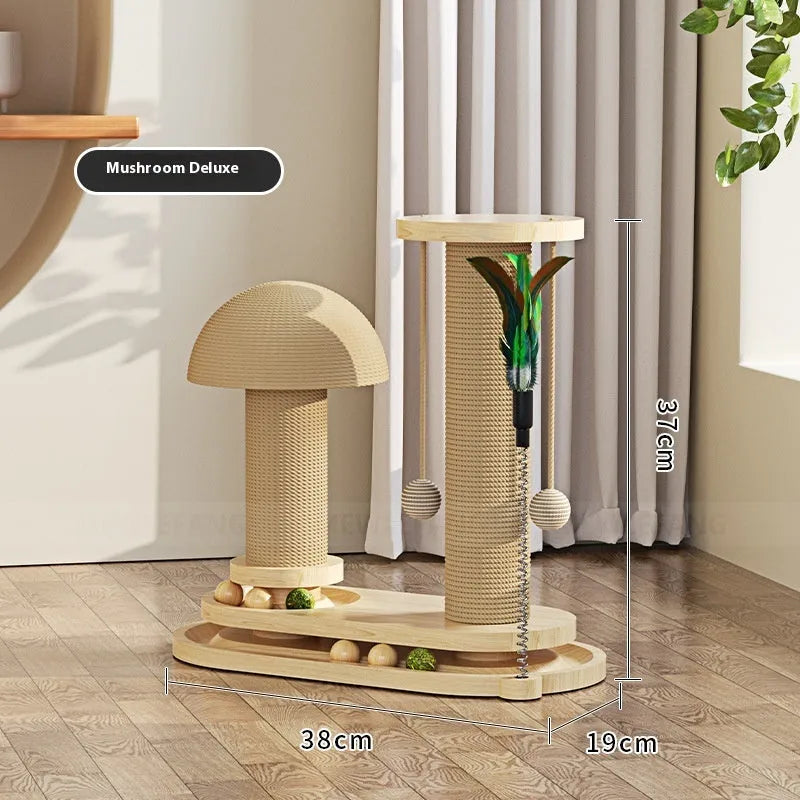 Solid wood cat scratching post with a central turntable, shown in a basic large flower style.
