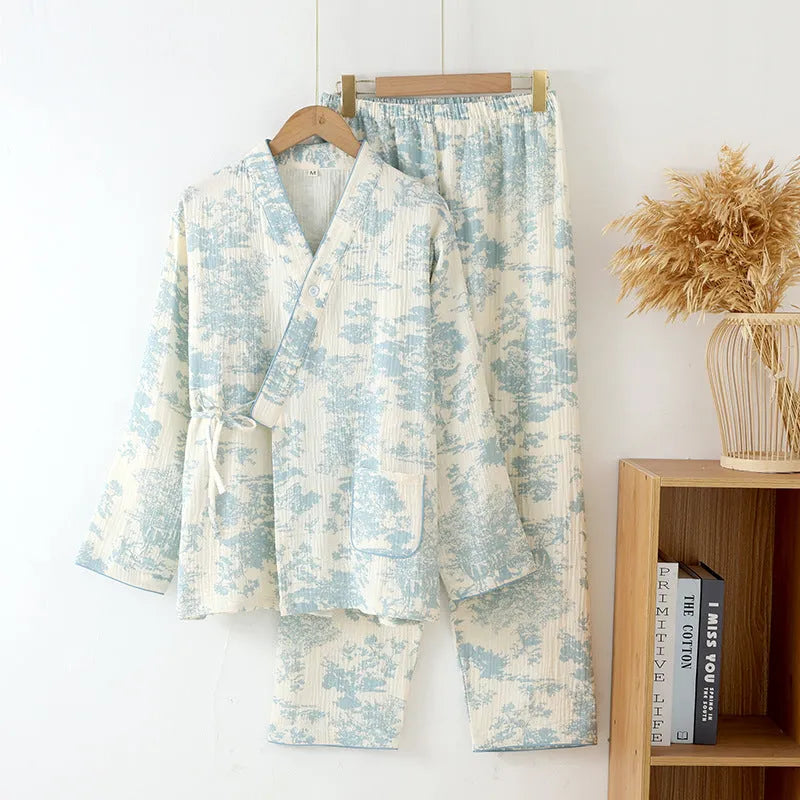 Women's cotton gauze homewear set with long sleeve top and lace-up trousers in frosted pine tree colours