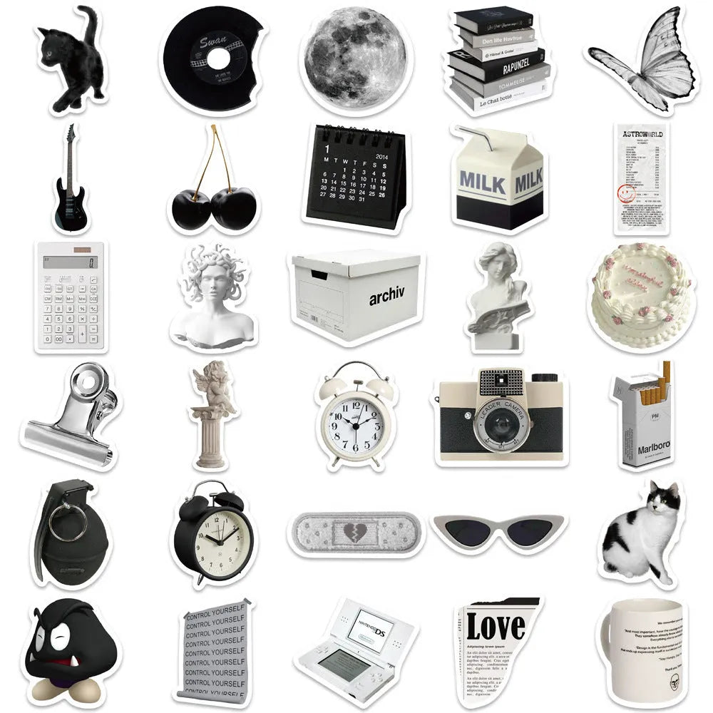 61 black and white PVC waterproof stickers for laptops, phones, and luggage
