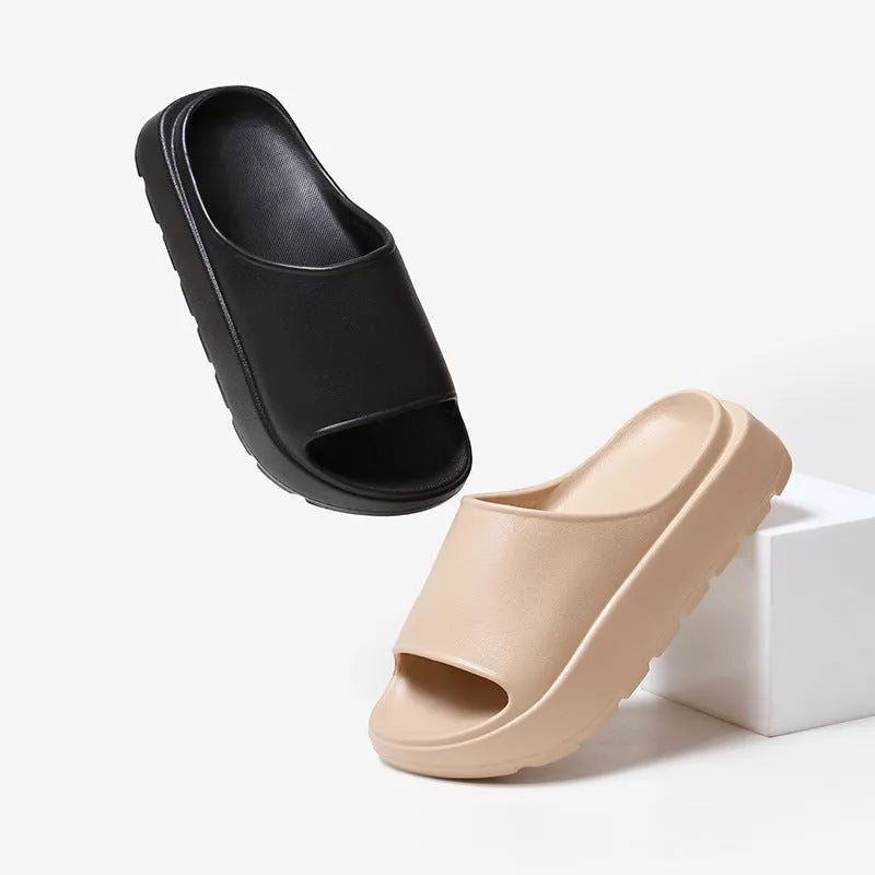Women's beige fish mouth slippers with a thick 5.5cm sole for beach and bathroom use.