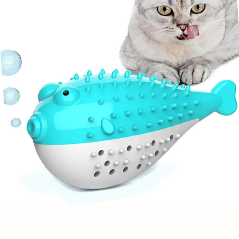Blue silicone fish-shaped cat chew toy measuring 12.2cm long with textured surface