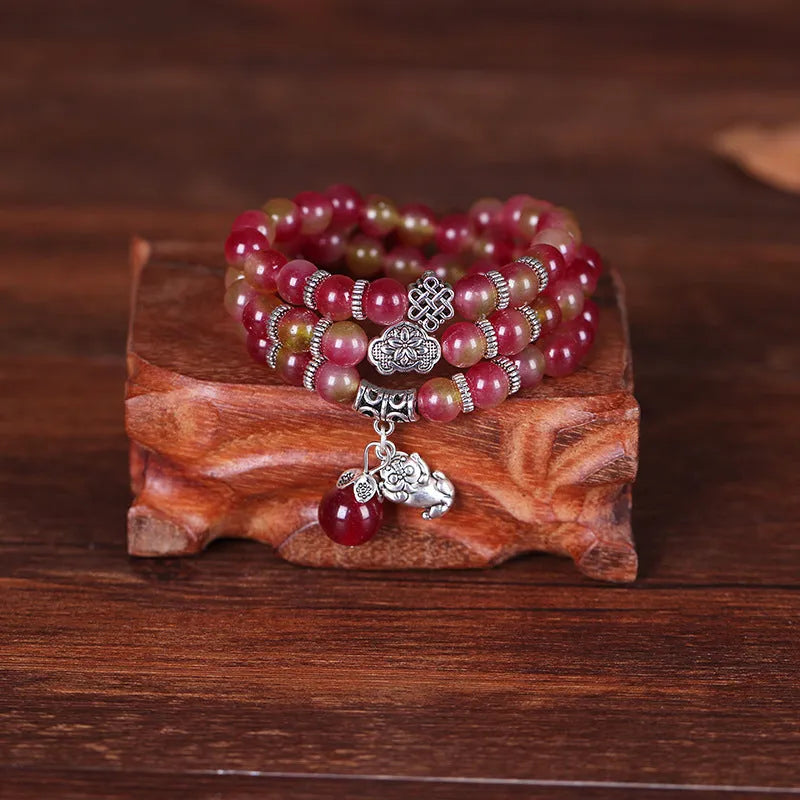 Handmade watermelon crystal bracelet with Chinese knot and geometric beads in two size options