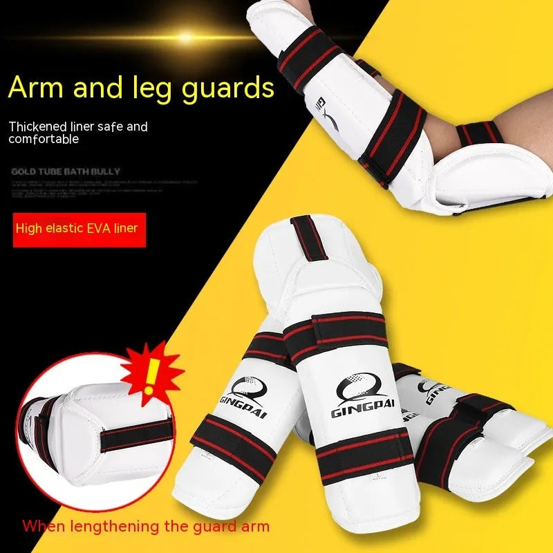 Taekwondo protective gear set showing arm guards, elbow guards, and leg protectors in multiple sizes