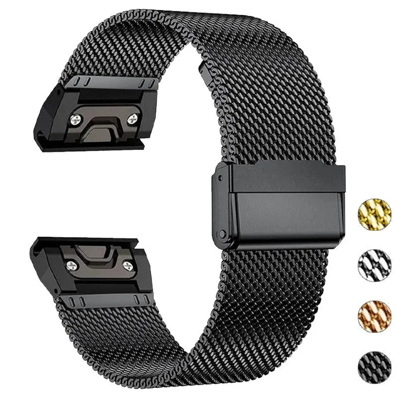 Stainless steel card watch strap for Garmin Fenix models in silver, black, gold, and rose gold finishes.