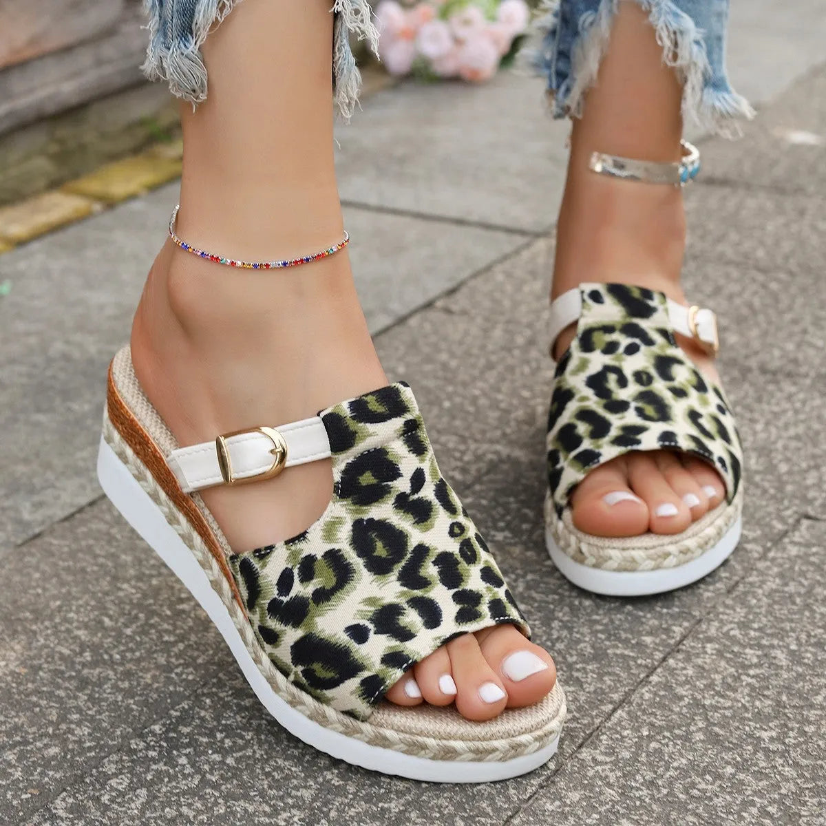 Leopard print wedge platform sandals with fish mouth open toe and 4cm heel
